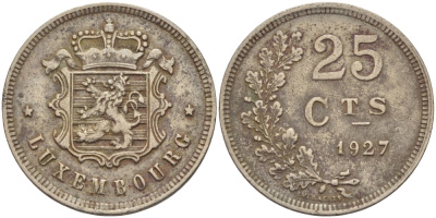 ЛЮКСЕМБУРГ 25 САНТИМОВ 1927 KM 37 медно-никель 24-332