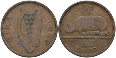 Ирландия 1/2 пенни 1946 свинья с поросятами KM 10 бронза 4146-542