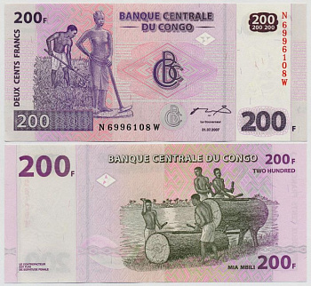ДР Конго 200 франков 2007 Маска-чокве "Мвана Пво", рыбацкая деревня Pick 95 бумага UNC (пресс) 448-68-1