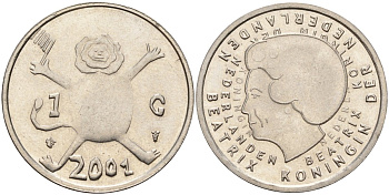 Нидерланды 1 гульден 2001 прощай гульден, детский рисунок, лев с флагом в руках KM 233 никель 4141-137