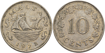 Мальта 10 центов 1972 баржа Великого магистра KM 11 медно-никель 82-413