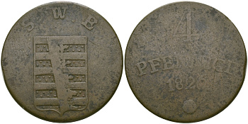 Саксен-Веймар-Эйзенах 4 пфеннига 1826 Карл Август (1758-1809-1828) KM 65, Jaeger 523, AKS 10 медь    65-614