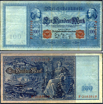 Германия 100 марок 1910 21 апреля 1910, красная печать, Меркурий и Церера, голубая бумага Pick 42 (2) бумага 2194-34-2-2