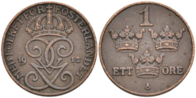 Швеция 1 эре 1912 Густав V (1907-1950) KM 777.2 бронза 188-1219