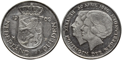 Нидерланды 1 гульден 1980 на коронацию Беатрикс, 30 апреля 1980 KM 200 никель 4391-1252