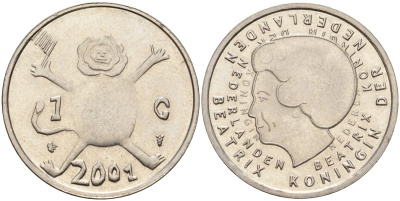 Нидерланды 1 гульден 2001 прощай гульден, детский рисунок, лев с флагом в руках KM 233 никель 4141-137