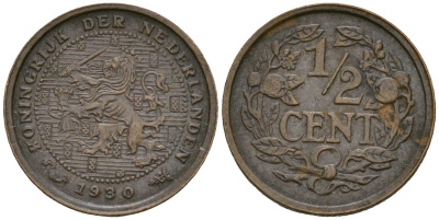 Нидерланды 1/2 цента 1930 Вильгельмина (1890-1948) KM 138 бронза 4169-454