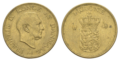 Дания 1 крона 1948 N, Фредерик IX (1947-1972) KM 837 алюминиевая бронза 4638-717