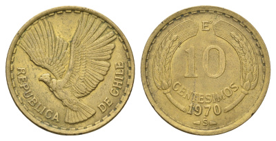 Чили 10 сентесимо 1970 KM 191 алюминиевая бронза 4688-315