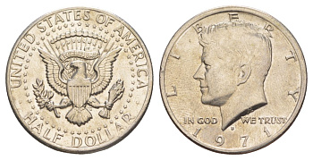 США 1/2 доллара (50 центов) 1971 D, Джон Кеннеди KM 202b медь плакированная медно-никелем aUNC 88-1015