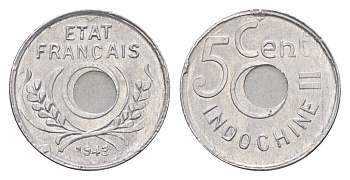 Французский Индокитай 5 сантимов 1943 год-тип KM 27 алюминий UNC 4674-1118