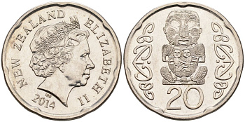 Новая Зеландия 20 центов 2014 Елизавета II (1952-2022), идол Пукаки KM 118а никелированная сталь 4579-1246