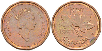 Канада 1 цент 1993 Елизавета II (1952-2022), кленовый лист KM 181 бронза 4392-722
