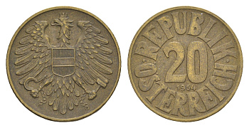 Австрия 20 грошей 1954 KM 2877 алюминиевая бронза 4147-953