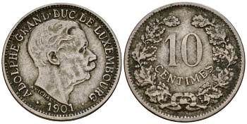 Люксембург 10 сантимов 1901 Адольф (1890-1905) KM 25 медно-никель 4602-453