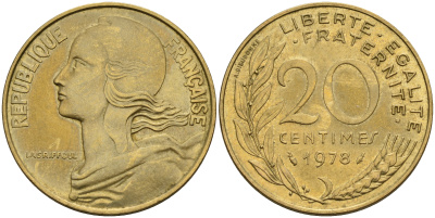 Франция 20 сантимов 1978 тип Марианна KM 930 медь алюминий никель    4153-417
