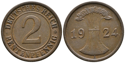 ГЕРМАНИЯ 2 РЕНТЕНПФЕННИГА 1924 A KM 31, J. 307 бронза 24-541