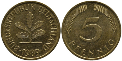 ФРГ 5 ПФЕННИГОВ 1989 F KM 107, J. 382 сталь плакированная латунью 33-223
