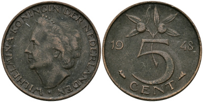 НИДЕРЛАНДЫ 5 ЦЕНТОВ 1948 ВИЛЬГЕЛЬМИНА KM 176 бронза 95-215
