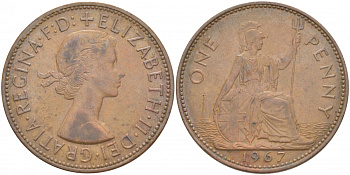 Великобритания 1 пенни 1967 Елизавета II (1952-2022) KM 897, Spink 4157 бронза 215-344