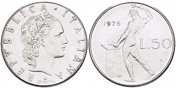 ИТАЛИЯ 50 ЛИР 1976 R КУЗНЕЦ KM 95.1 сталь 3718-427