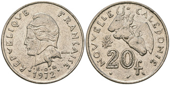 Французская Новая Каледония 20 франков 1972 три быка, (IEOM) KM 12, Schoen 14, Lec 106 никель 4120-346