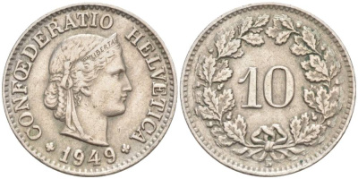 ШВЕЙЦАРИЯ 10 РАППЕНОВ 1949 В KM 27 медно-никель 206-269