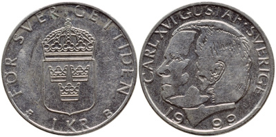 Швеция 1 крона 1999 Карл XVI Густав (1973- ) KM 852a медно-никель 89-441