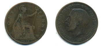 Великобритания 1 пенни 1913 Георг V (1910-1936) KM 810, Spink 4051 бронза 47-1243