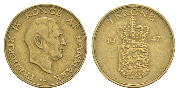 Дания 1 крона 1947 N, Фредерик IX (1947-1972) KM 837 алюминиевая бронза 4638-656