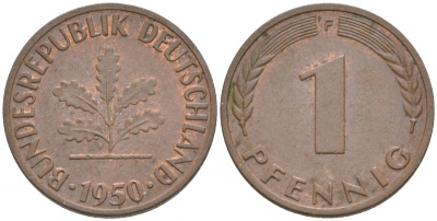 ФРГ 1 ПФЕННИГ 1950 F KM 105, J.380 сталь плакированная медью 44-137