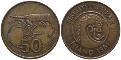 Исландия 50 эйре 1981 креветка KM 26 бронза 181-633
