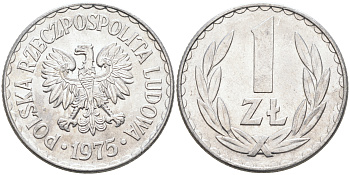 ПОЛЬША 1 ЗЛОТЫЙ 1975 КРЕМНИЦА KM 49.1 алюминий UNC 4589-415