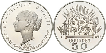 Гаити 50 гурдов 1981 50 лет FAO, голова женщины KM 149 серебро PROOF 1066-1-23 M16-13