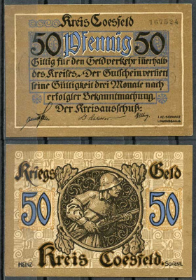 Германия, Косфельд 50 пфеннигов 1918 нотгельд, 6 цифр в номере Tieste 1185.05.02 бумага UNC (пресс) 444-77-2-2
