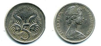 АВСТРАЛИЯ 5 ЦЕНТОВ 1966 ЕЛИЗАВЕТА II, МОЛОДОЙ ПОРТРЕТ, ЕХИДНА KM 64 медно-никель 46-2011