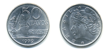 Бразилия 50 сентаво 1979 голова свободы влево KM 580b, Schon 85b нержавеющая сталь UNC 86-1052
