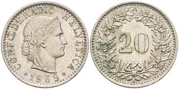 Швейцария 20 раппенов 1969 В KM 29а медно-никель 55-857