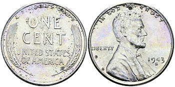 США 1 цент 1943 S (Сан-Франциско), Авраам Линкольн KM 132 a сталь плакированная цинком 94-1126
