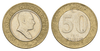 Турция 50 новых курушей 2005 Кемаль Ататюрк KM 1168 биметалл 4675-214