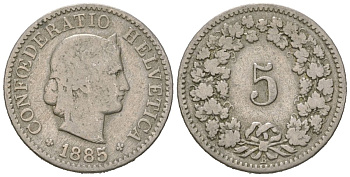 Швейцария 5 раппенов 1885 B KM 26 медно-никель 39-123