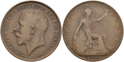 Великобритания 1 пенни 1916 Георг V (1910-1936) KM 810, Spink 4051 бронза 4149-716