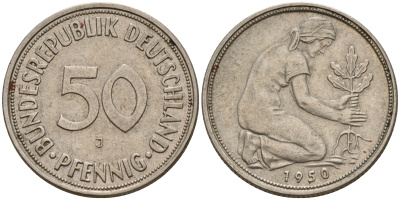 ФРГ 50 пфеннигов 1950 J J. 384, KM 109.1 медно-никель    4602-718