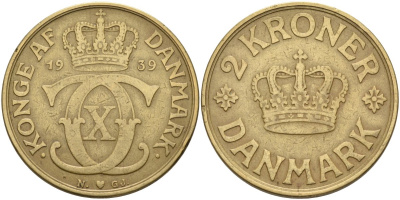 Дания 2 кроны 1939 Кристиан X (1912-1947) KM 825.2 алюминиевая бронза 4367-934