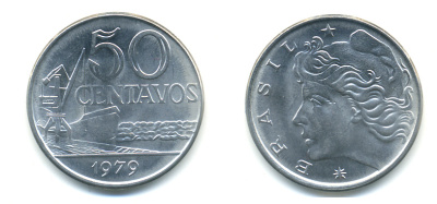 Бразилия 50 сентаво 1979 голова свободы влево KM 580b, Schon 85b нержавеющая сталь UNC 86-1052