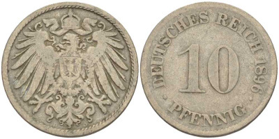 ГЕРМАНИЯ 10 ПФЕННИГОВ 1896 F KM 12, J. 13 медно-никель 4401-955