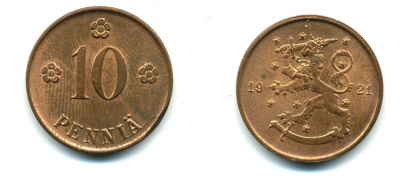 Финляндия 10 пенни 1921 республика (1918-1962) KM 24 медь 46-314