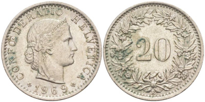 Швейцария 20 раппенов 1969 В KM 29а медно-никель 55-857