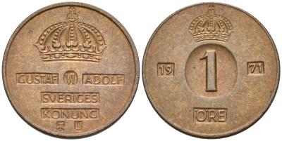 Швеция 1 эре 1971 Густав VI Адольф (1950-1973) KM 820 бронза 4580-1063