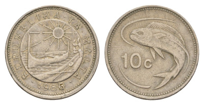 Мальта 10 центов 1986 золотая макрель KM 76 медно-никель 4632-862